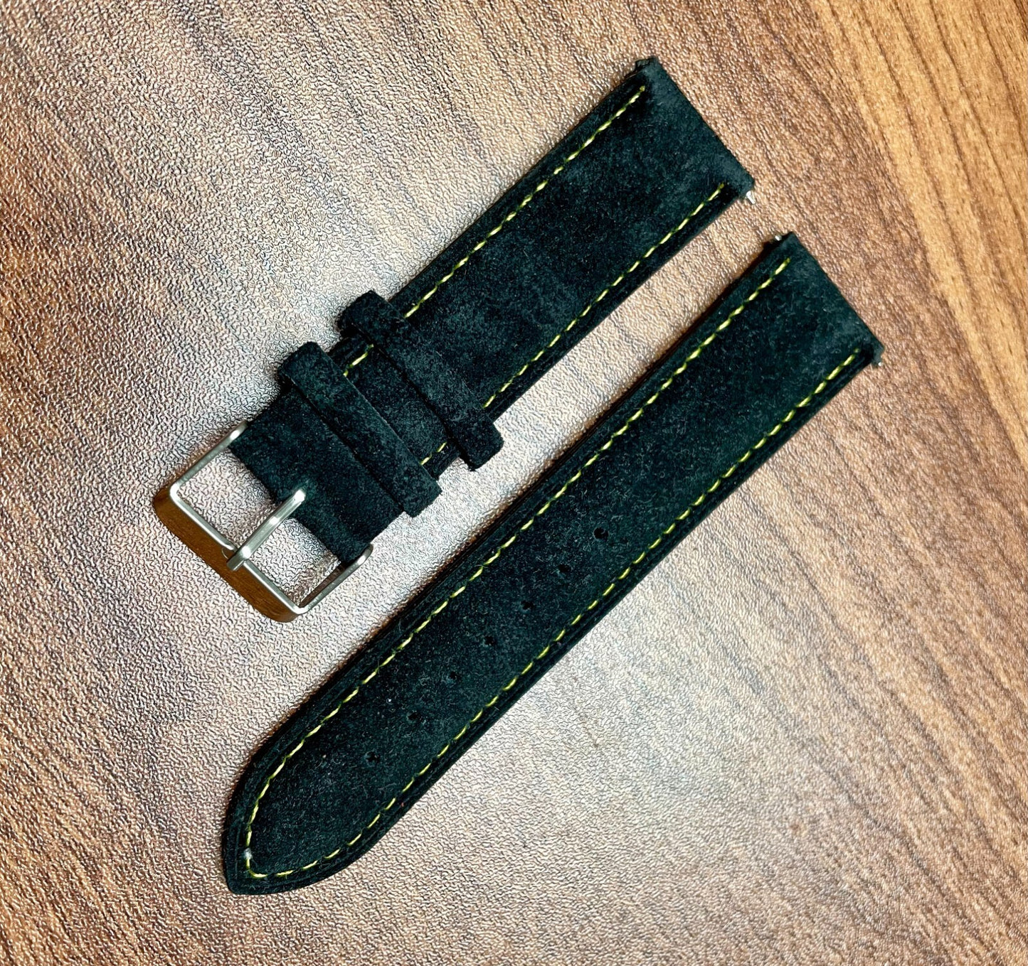 Black Suede With Yellow Stitch Leather Watch Strap Quick Release 22mm