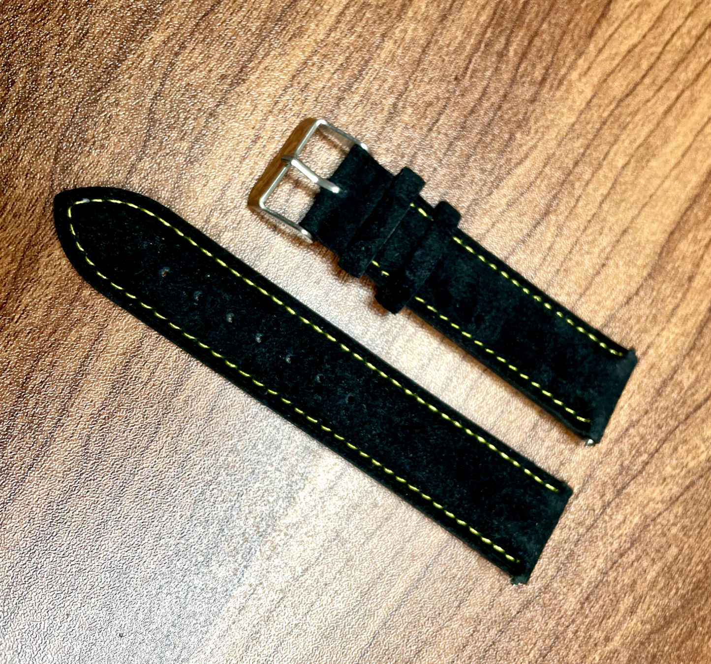 Black Suede With Yellow Stitch Leather Watch Strap Quick Release 22mm