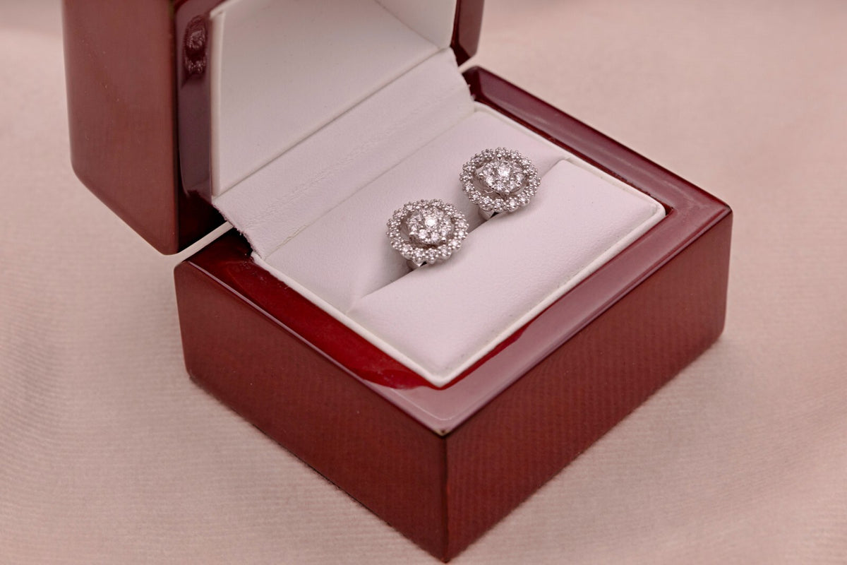 Pendientes de oro blanco de 18 quilates para mujer, diseño floral 2 en 1 con diamantes