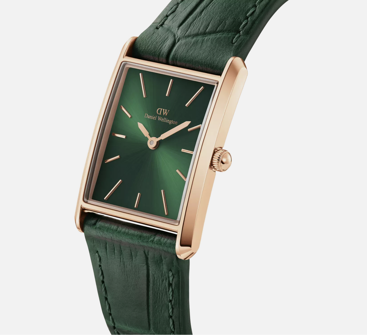 Reloj Daniel Wellington DW00100694 de piel de cocodrilo, esmeralda, efecto rayos de sol y oro rosa