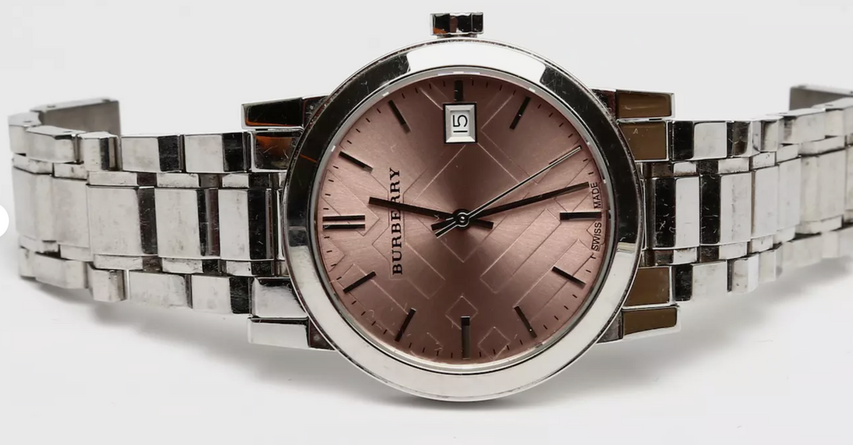 Burberry Womens Pink Check Stamped Watch BU9124