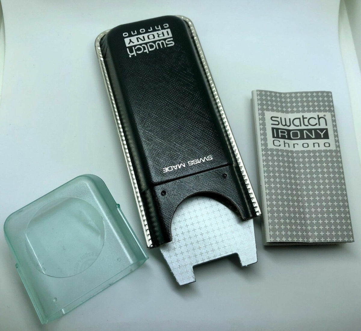 Estuche para reloj Swatch Irony Chrono negro vintage + caja de almacenamiento + manual. Envío rápido.