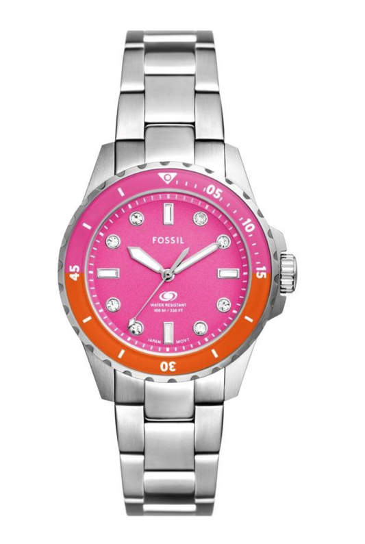 Reloj Fossil Blue Dive para mujer, esfera rosa, bisel bicolor, acero inoxidable ES5351