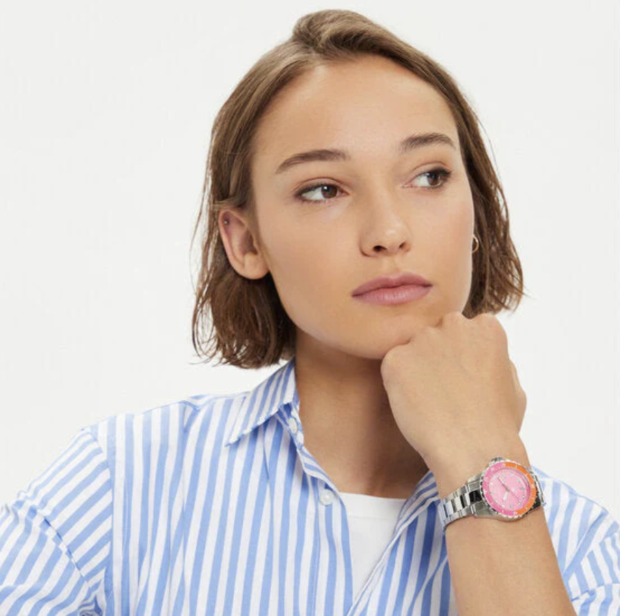 Reloj Fossil Blue Dive para mujer, esfera rosa, bisel bicolor, acero inoxidable ES5351