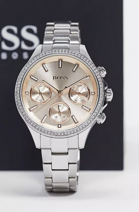 Reloj BOSS para mujer Hera con esfera rosa y bisel con piedras, modelo 1502565