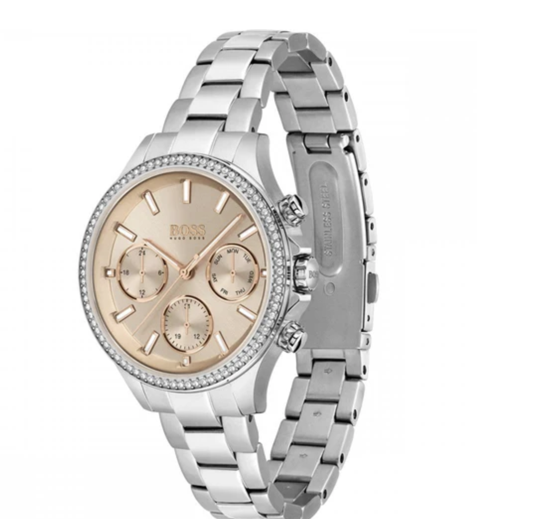 Reloj BOSS para mujer Hera con esfera rosa y bisel con piedras, modelo 1502565