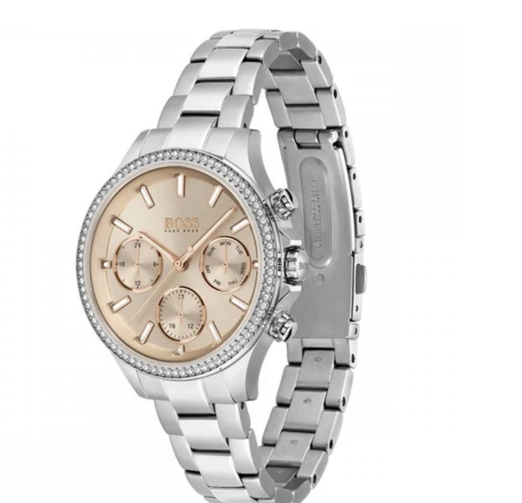 Reloj BOSS para mujer Hera con esfera rosa y bisel con piedras, modelo 1502565