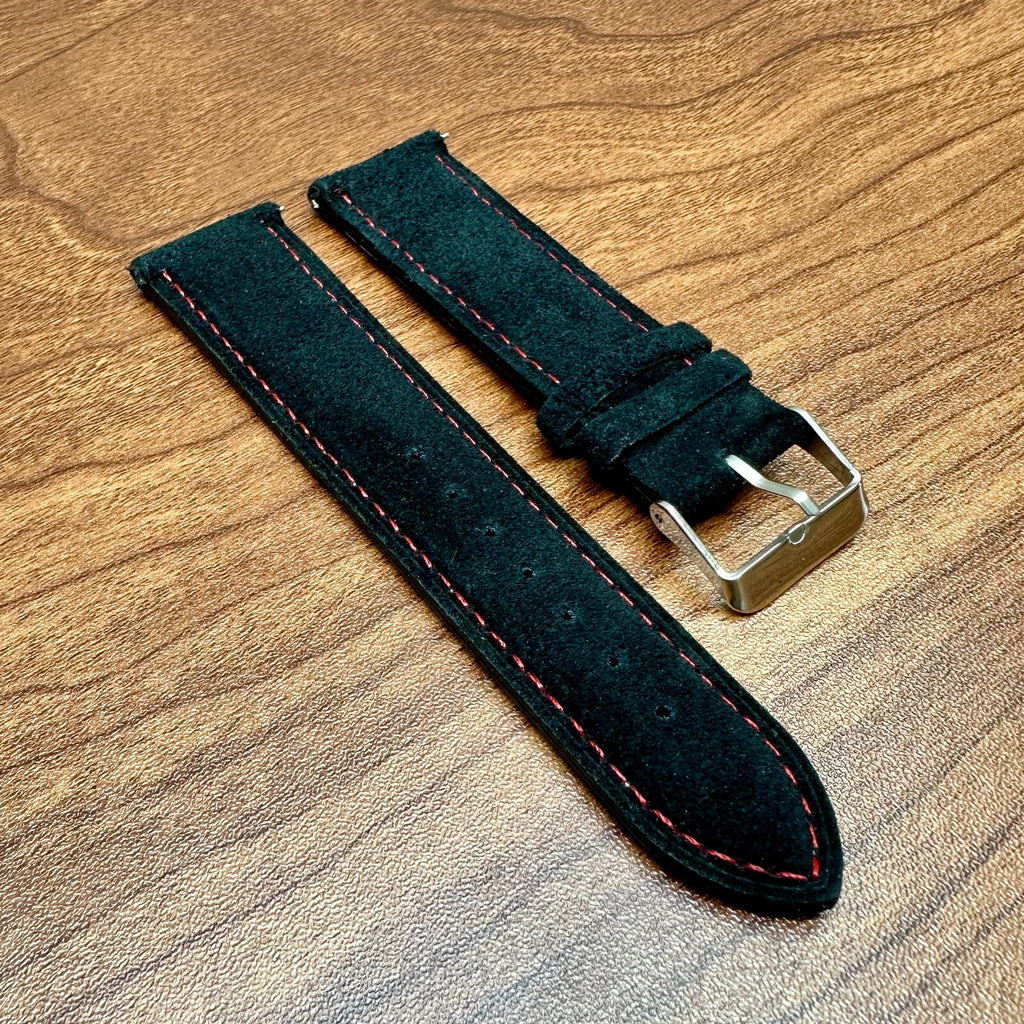 Correa de reloj de piel auténtica de ante negro con pespuntes rojos, cierre rápido, 22 mm