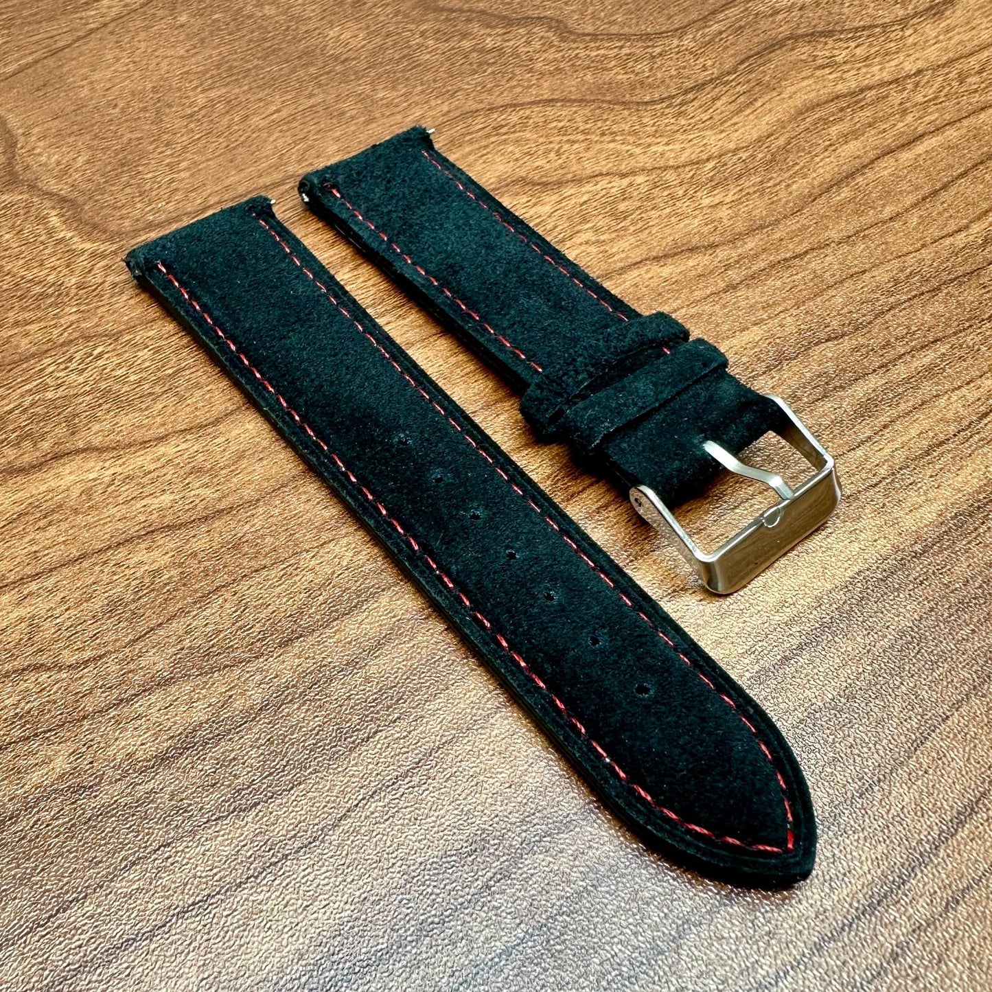 Black Suede With Red Stitch Genuine Leather Watch Strap Quick Release 20mm