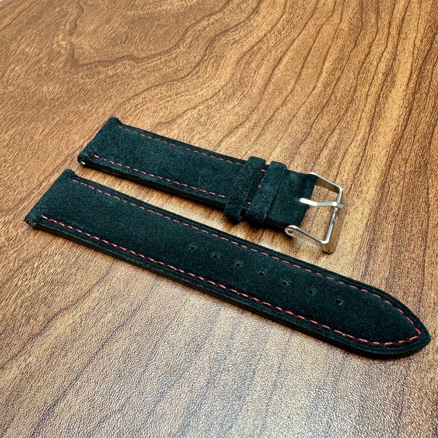 Black Suede With Red Stitch Genuine Leather Watch Strap Quick Release 20mm