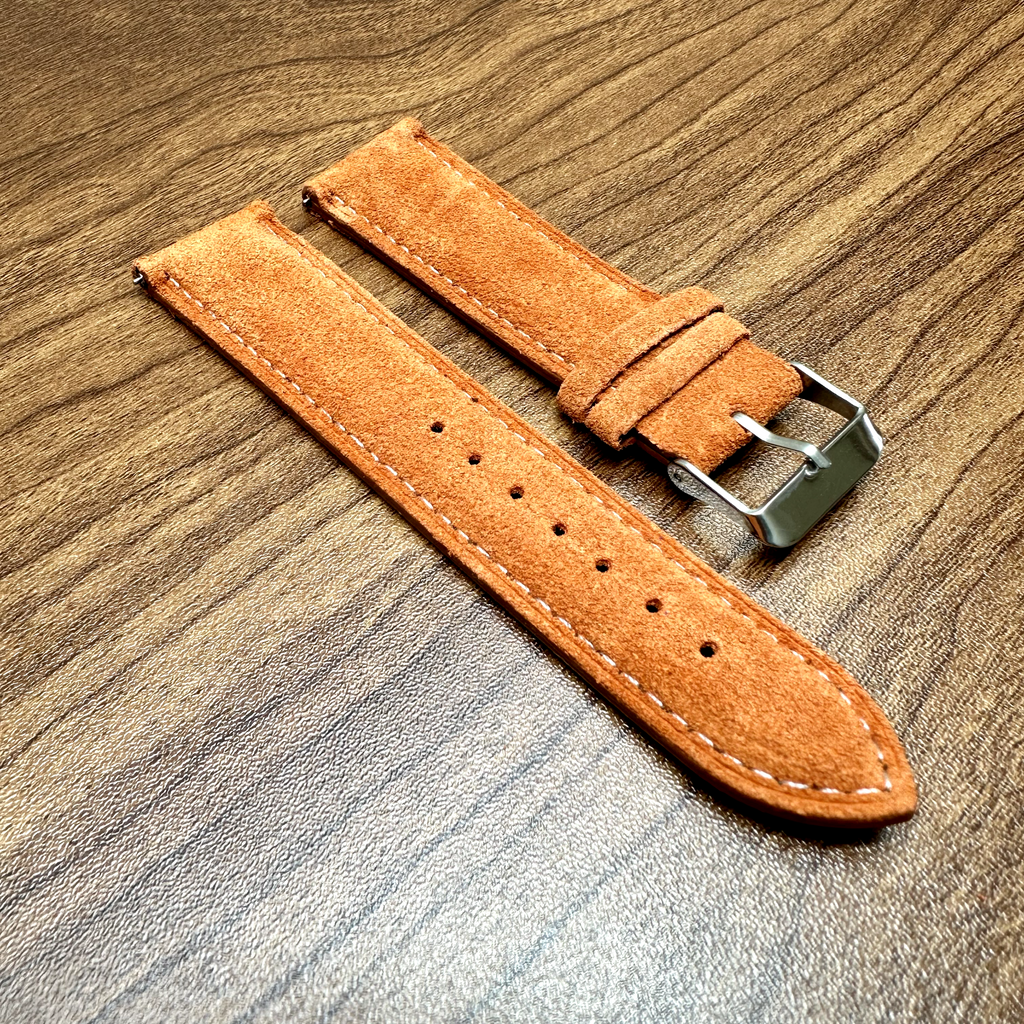 Orange & White Stitch Suede Leather Watch Strap Quick Release 22mm