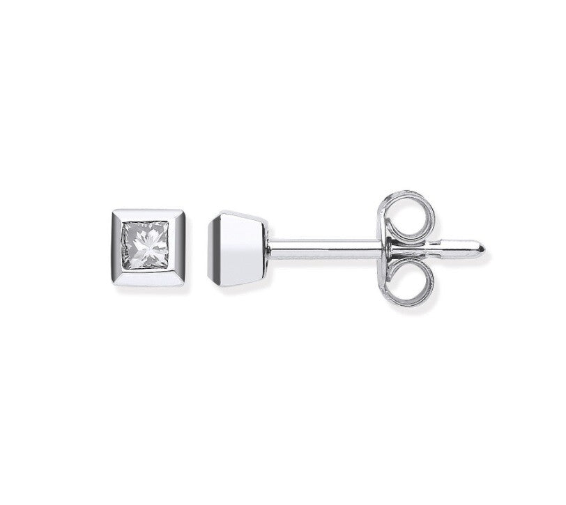 White Gold 0.20ct Rubover Set Princess Cut Diamond Stud Pair Of Earrings 18ct