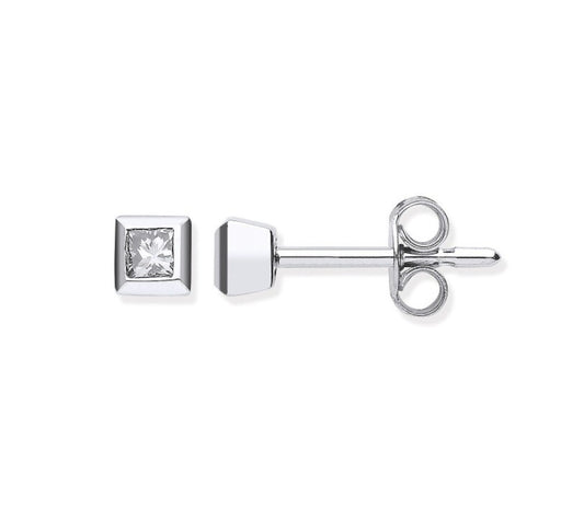 White Gold 0.20ct Rubover Set Princess Cut Diamond Stud Pair Of Earrings 18ct