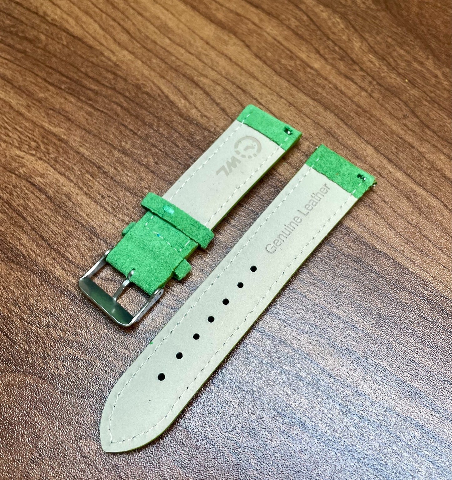 Correa de reloj de piel de ante con pespuntes verdes y azules, cierre rápido, 20 mm, nueva