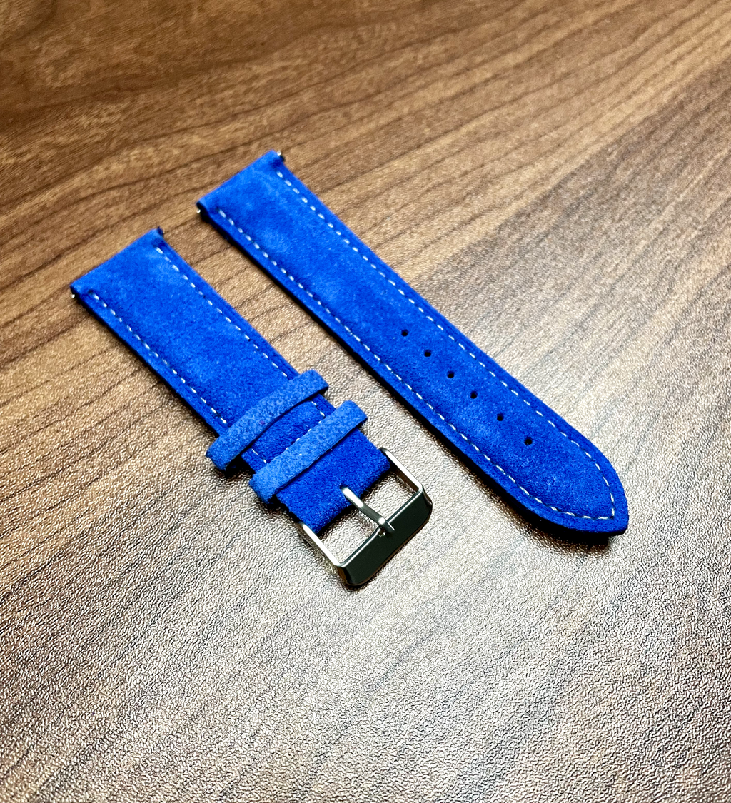 Deep Blue & White Stitch Suede Leather Watch Strap Quick Release 22mm