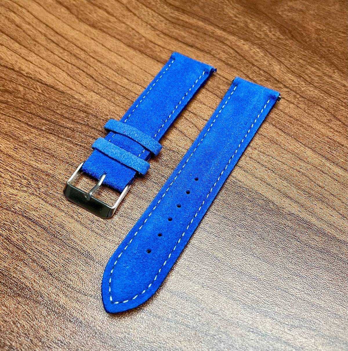 Deep Blue & White Stitch Suede Leather Watch Strap Quick Release 22mm