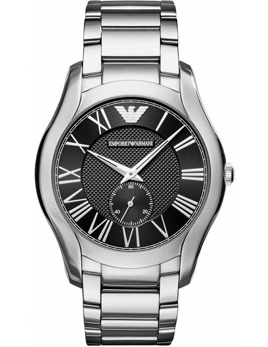 RARE NEW! Mens Emporio Armani Valente Black Dial Silver Tone SS RN Watch AR11086