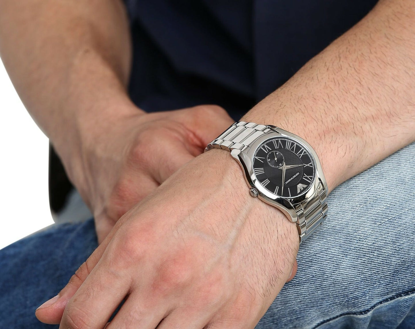 RARE NEW! Mens Emporio Armani Valente Black Dial Silver Tone SS RN Watch AR11086