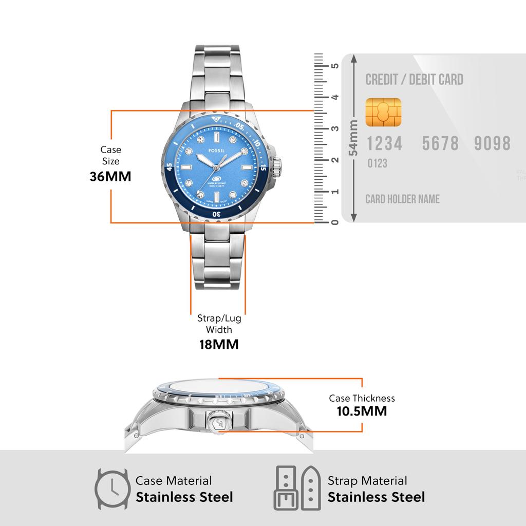 Reloj Fossil ES5353 Blue Dive de tres agujas con esfera azul y correa de acero plateado para mujer