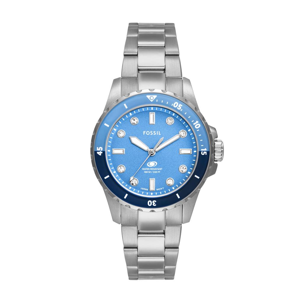 Reloj Fossil ES5353 Blue Dive de tres agujas con esfera azul y correa de acero plateado para mujer