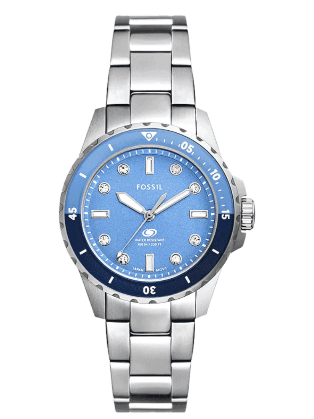 Reloj Fossil ES5353 Blue Dive de tres agujas con esfera azul y correa de acero plateado para mujer