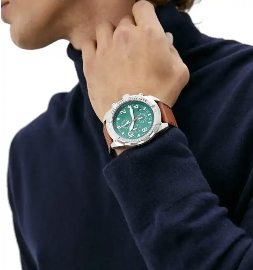 Fossil Bronson Chronograph Green Dial Leather Strap Quartz FS5738 Mens Watch
