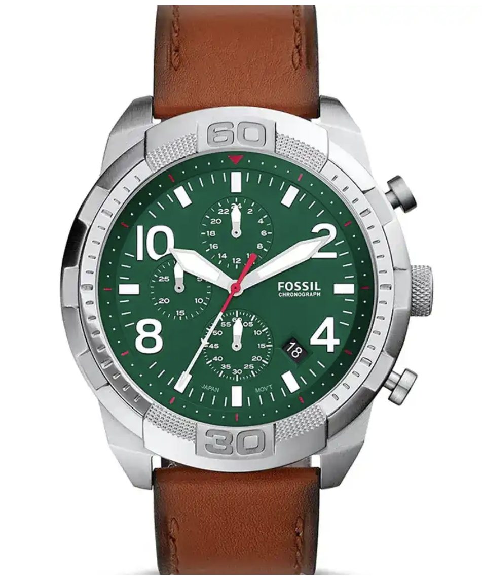 Fossil Bronson Chronograph Green Dial Leather Strap Quartz FS5738 Mens Watch