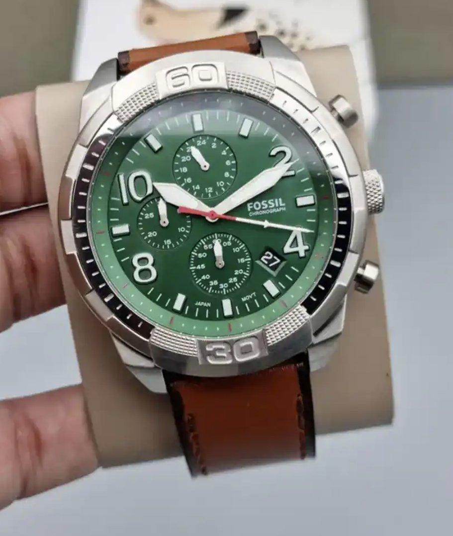 Fossil Bronson Chronograph Green Dial Leather Strap Quartz FS5738 Mens Watch