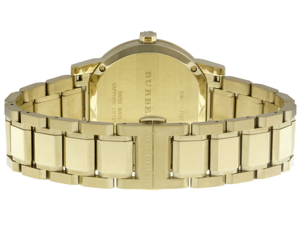 Reloj Burberry Swiss Made Unisex con esfera color champán y brazalete dorado BU9033