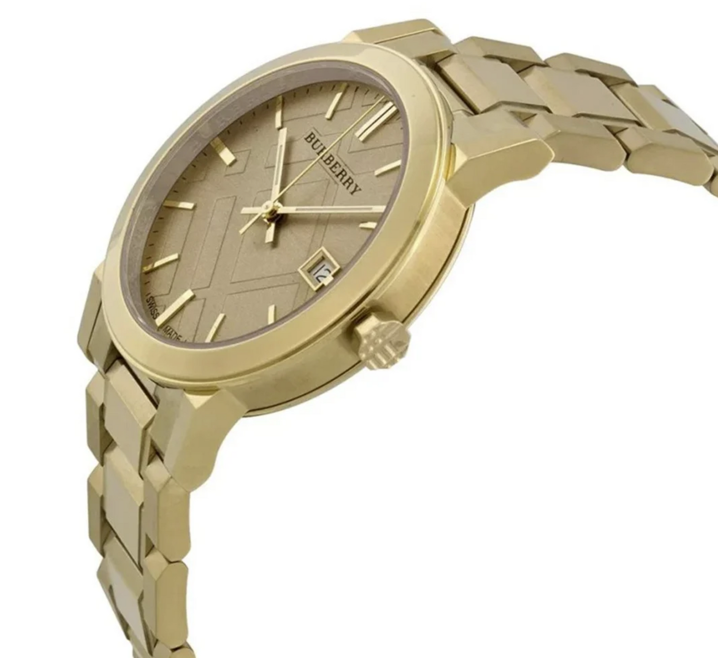 Reloj Burberry Swiss Made Unisex con esfera color champán y brazalete dorado BU9033