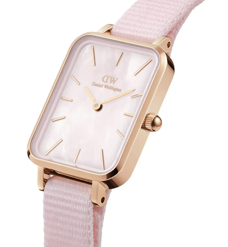 Daniel Wellington Quadro Coral Pink Dial Fabric Strap Womens Watch DW00100509