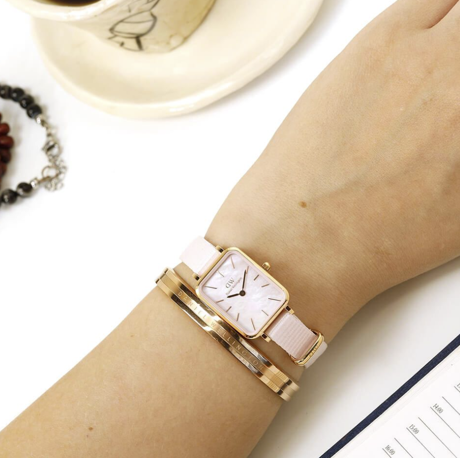 Daniel Wellington Quadro Coral Pink Dial Fabric Strap Womens Watch DW00100509