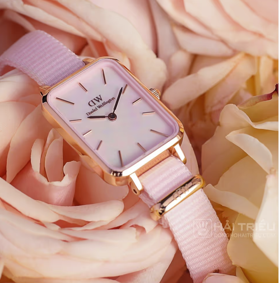 Reloj Daniel Wellington Quadro para mujer, esfera rosa coral, correa de tela, DW00100509
