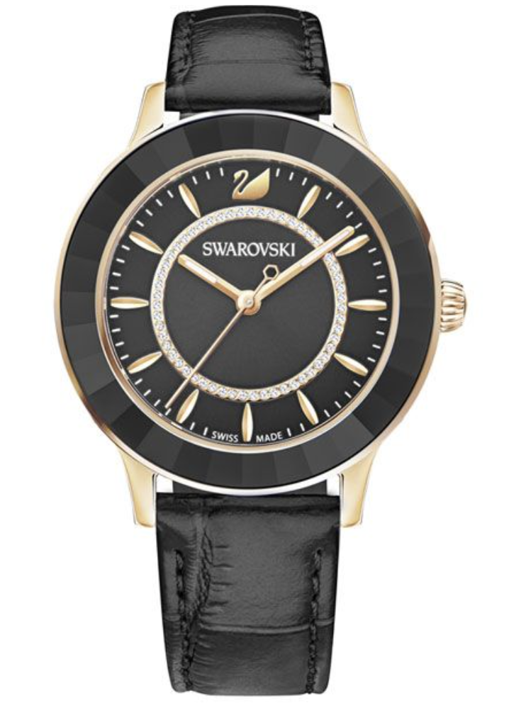 Correa de piel para reloj Swarovski 5414410 Octae Lux, color negro y oro rosa.