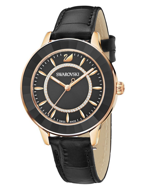 Swarovski 5414410 Octea Lux Watch Leather Strap Black Rose Gold Tone