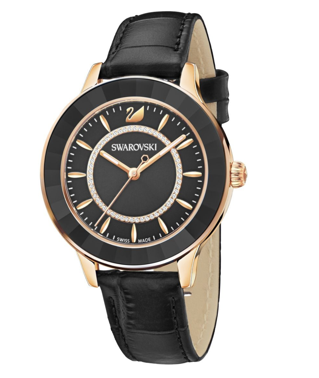 Correa de piel para reloj Swarovski 5414410 Octae Lux, color negro y oro rosa.