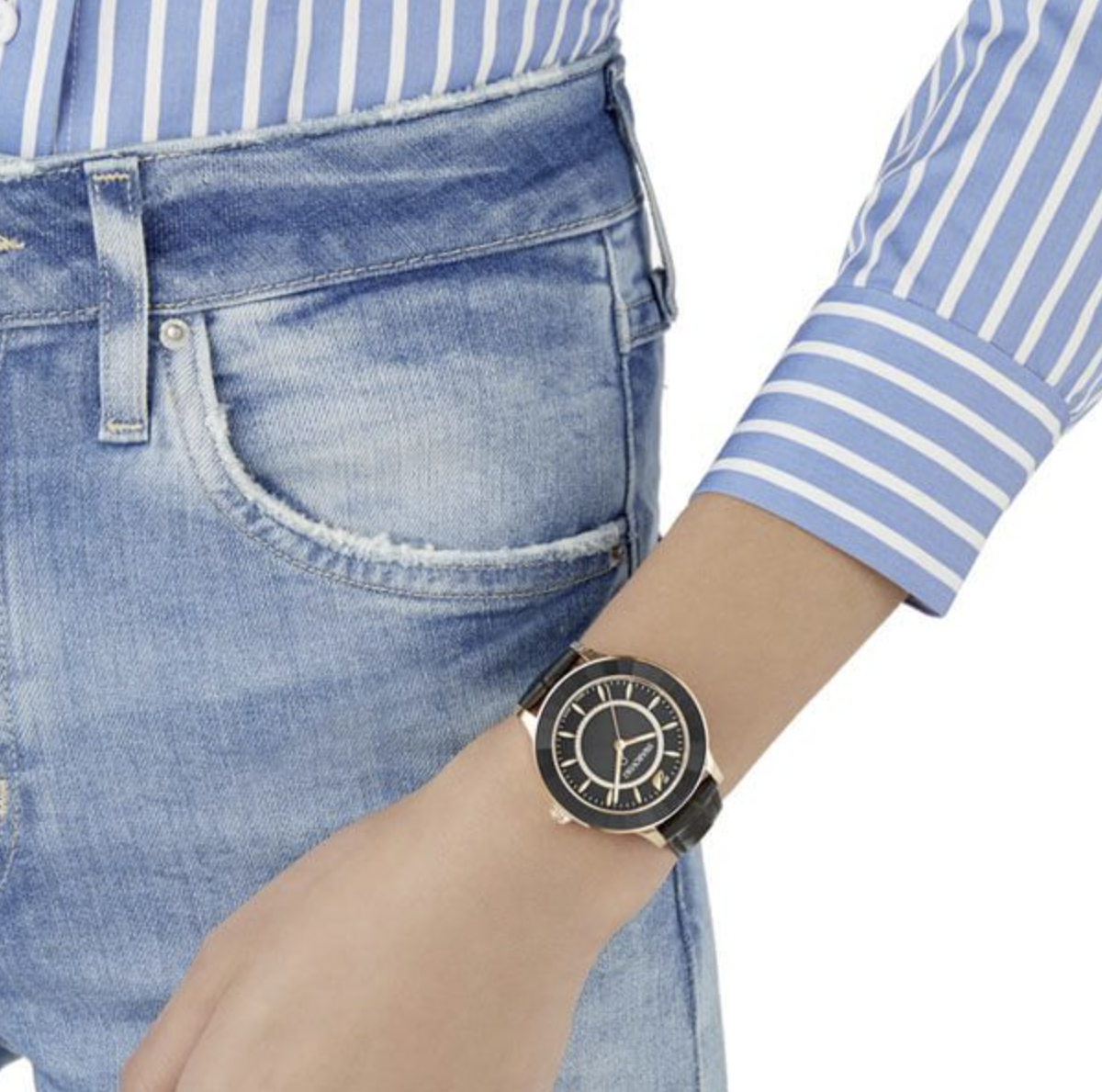 Correa de piel para reloj Swarovski 5414410 Octae Lux, color negro y oro rosa.