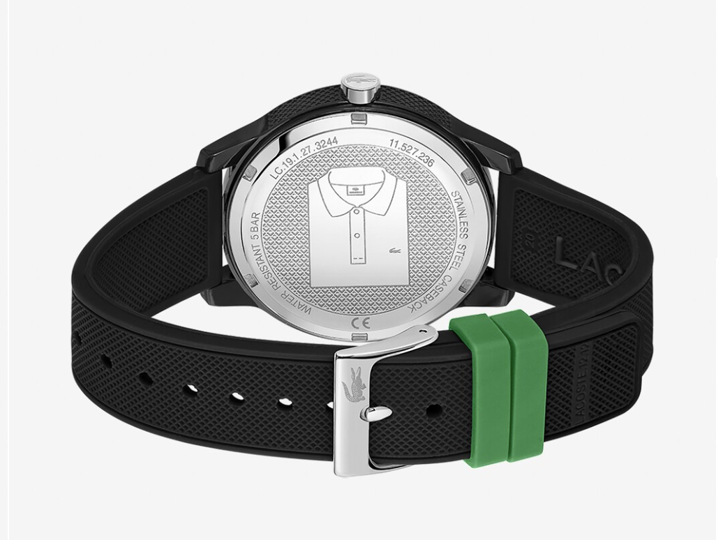 2011134 Lacoste 12.12 Mens Black Silicone Strap Watch